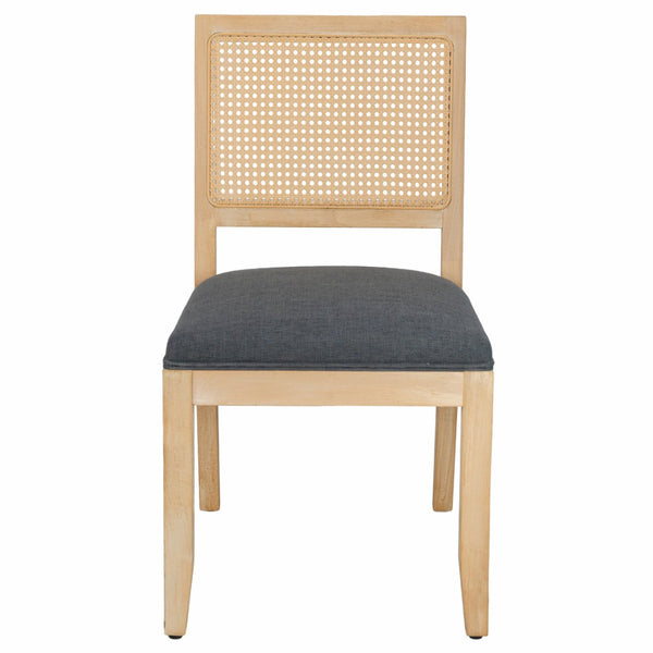 English Elm Farmhouse Rattan Dining Chair Set Solid Wood Legs Woven Cane Back Linen Seat Grey W3426P516829