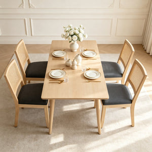 English Elm Farmhouse Rattan Dining Chair Set Solid Wood Legs Woven Cane Back Linen Seat Grey W3426P516829