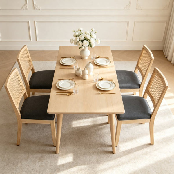 English Elm Farmhouse Rattan Dining Chair Set Solid Wood Legs Woven Cane Back Linen Seat Grey W3426P516829