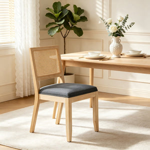 English Elm Farmhouse Rattan Dining Chair Set Solid Wood Legs Woven Cane Back Linen Seat Grey W3426P516829