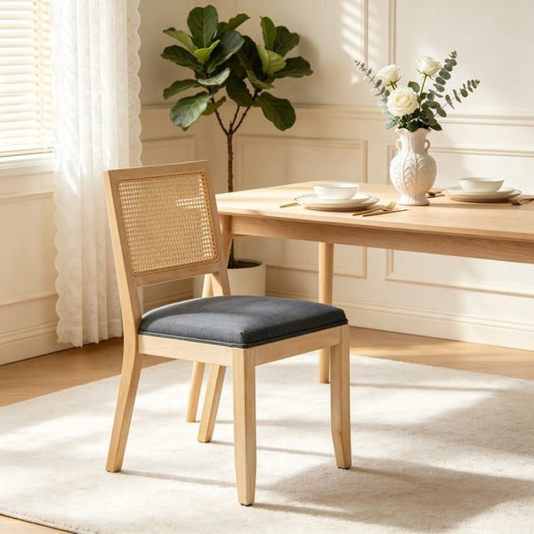 English Elm Farmhouse Rattan Dining Chair Set Solid Wood Legs Woven Cane Back Linen Seat Grey W3426P516829