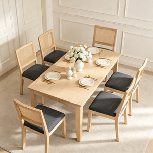 English Elm Farmhouse Rattan Dining Chair Set Solid Wood Legs Woven Cane Back Linen Seat Grey W3426P516829