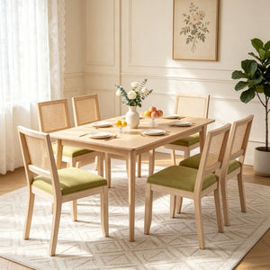 English Elm Farmhouse Rattan Dining Chair Set Solid Wood Legs Woven Cane Back Linen Seat Olive Green W3426P516830