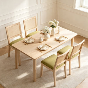 English Elm Farmhouse Rattan Dining Chair Set Solid Wood Legs Woven Cane Back Linen Seat Olive Green W3426P516830