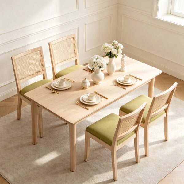 English Elm Farmhouse Rattan Dining Chair Set Solid Wood Legs Woven Cane Back Linen Seat Olive Green W3426P516830