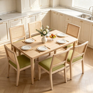English Elm Farmhouse Rattan Dining Chair Set Solid Wood Legs Woven Cane Back Linen Seat Olive Green W3426P516830