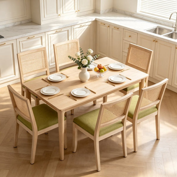 English Elm Farmhouse Rattan Dining Chair Set Solid Wood Legs Woven Cane Back Linen Seat Olive Green W3426P516830