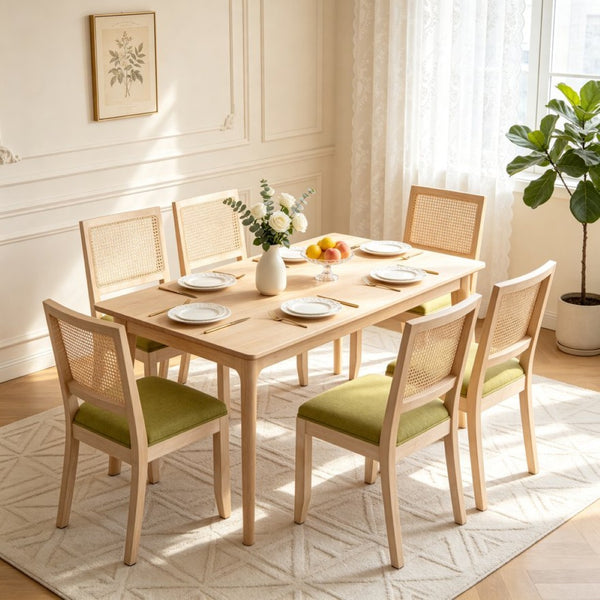 English Elm Farmhouse Rattan Dining Chair Set Solid Wood Legs Woven Cane Back Linen Seat Olive Green W3426P516830