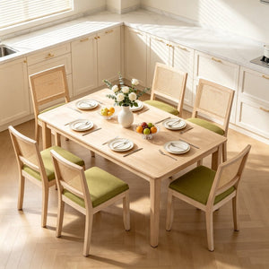 English Elm Farmhouse Rattan Dining Chair Set Solid Wood Legs Woven Cane Back Linen Seat Olive Green W3426P516830