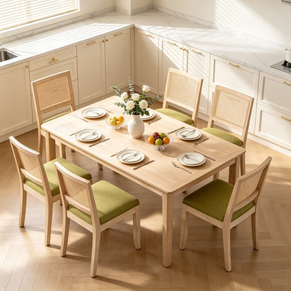 English Elm Farmhouse Rattan Dining Chair Set Solid Wood Legs Woven Cane Back Linen Seat Olive Green W3426P516830