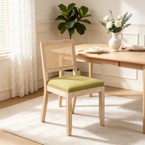 English Elm Farmhouse Rattan Dining Chair Set Solid Wood Legs Woven Cane Back Linen Seat Olive Green W3426P516830