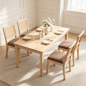 English Elm Farmhouse Rattan Dining Chair Set Solid Wood Legs Woven Cane Back Linen Seat Tan W3426P516831