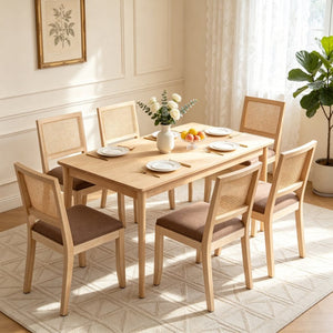 English Elm Farmhouse Rattan Dining Chair Set Solid Wood Legs Woven Cane Back Linen Seat Tan W3426P516831