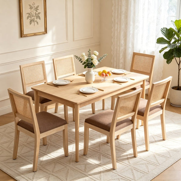 English Elm Farmhouse Rattan Dining Chair Set Solid Wood Legs Woven Cane Back Linen Seat Tan W3426P516831
