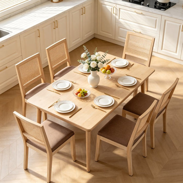 English Elm Farmhouse Rattan Dining Chair Set Solid Wood Legs Woven Cane Back Linen Seat Tan W3426P516831