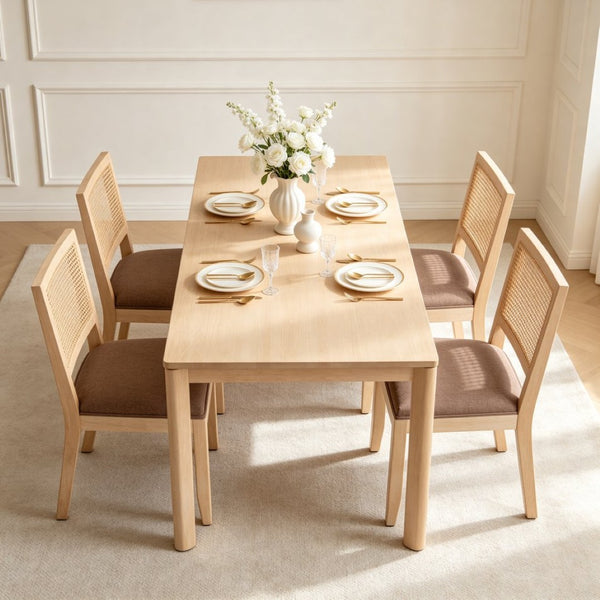English Elm Farmhouse Rattan Dining Chair Set Solid Wood Legs Woven Cane Back Linen Seat Tan W3426P516831