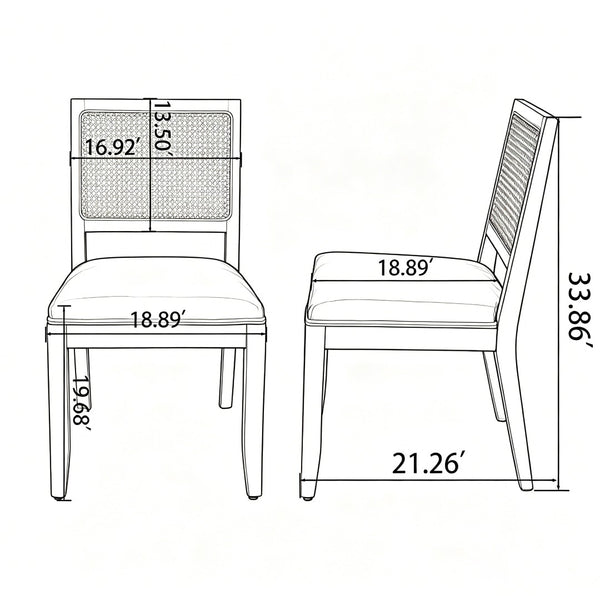 English Elm Farmhouse Rattan Dining Chair Set Solid Wood Legs Woven Cane Back Linen Seat Tan W3426P516831