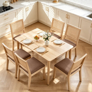 English Elm Farmhouse Rattan Dining Chair Set Solid Wood Legs Woven Cane Back Linen Seat Tan W3426P516831