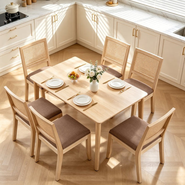 English Elm Farmhouse Rattan Dining Chair Set Solid Wood Legs Woven Cane Back Linen Seat Tan W3426P516831