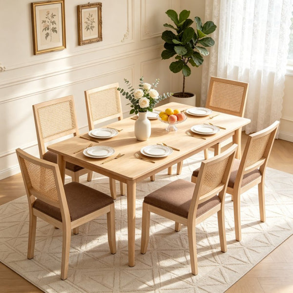 English Elm Farmhouse Rattan Dining Chair Set Solid Wood Legs Woven Cane Back Linen Seat Tan W3426P516831