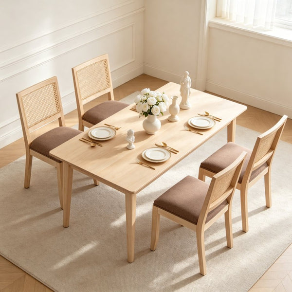 English Elm Farmhouse Rattan Dining Chair Set Solid Wood Legs Woven Cane Back Linen Seat Tan W3426P516831