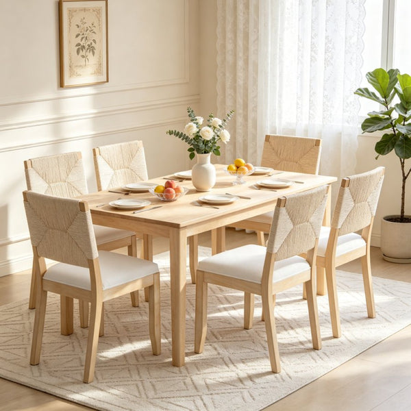 English Elm French Country Solid Wood Dining Chairs Woven Hemp Back Linen Seat Farmhouse Set Beige W3426P516832