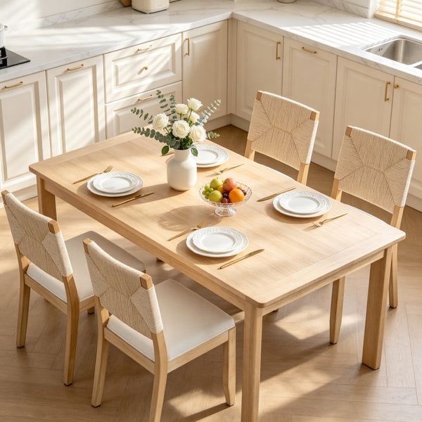 English Elm French Country Solid Wood Dining Chairs Woven Hemp Back Linen Seat Farmhouse Set Beige W3426P516832