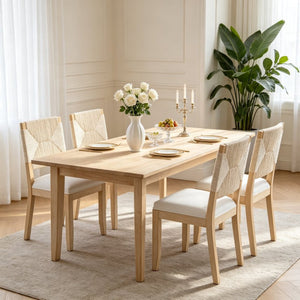 English Elm French Country Solid Wood Dining Chairs Woven Hemp Back Linen Seat Farmhouse Set Beige W3426P516832