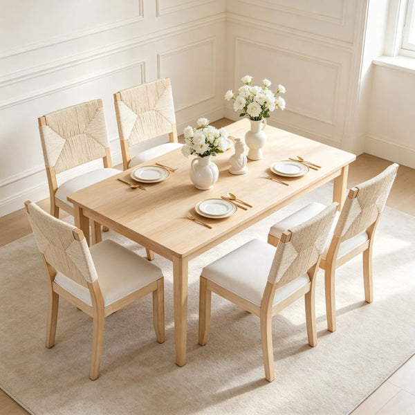 English Elm French Country Solid Wood Dining Chairs Woven Hemp Back Linen Seat Farmhouse Set Beige W3426P516832
