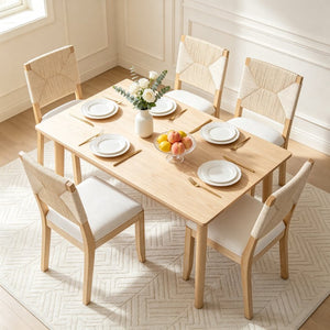 English Elm French Country Solid Wood Dining Chairs Woven Hemp Back Linen Seat Farmhouse Set Beige W3426P516832
