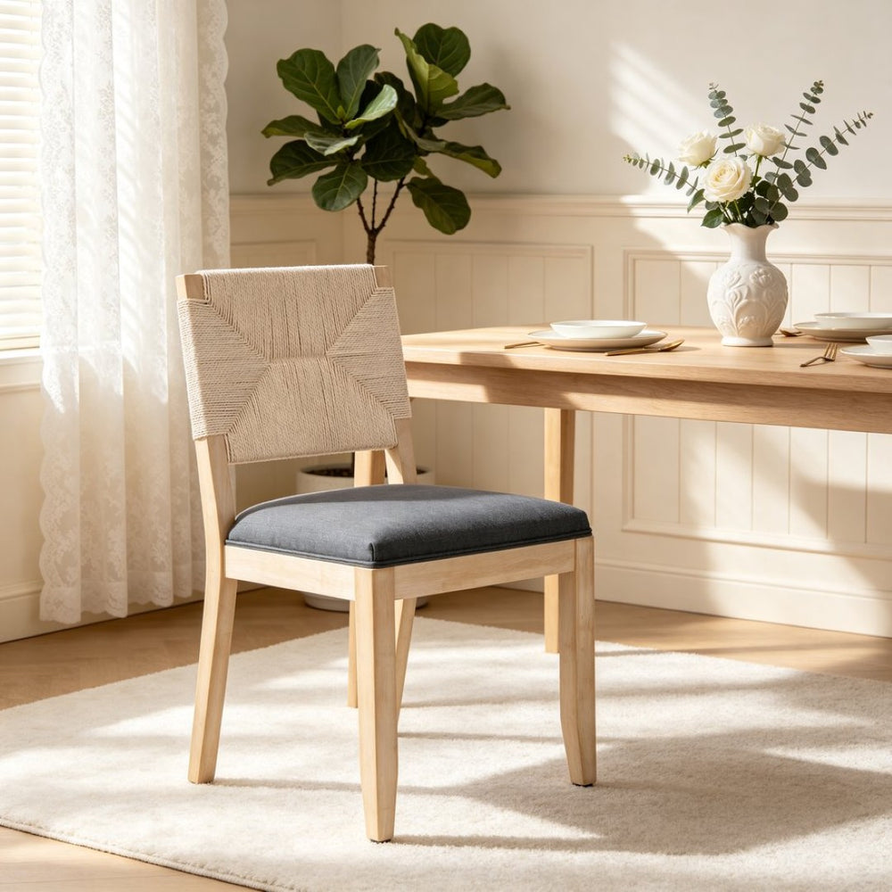 English Elm French Country Solid Wood Dining Chairs Woven Hemp Back Linen Seat Farmhouse Set Grey W3426P516833