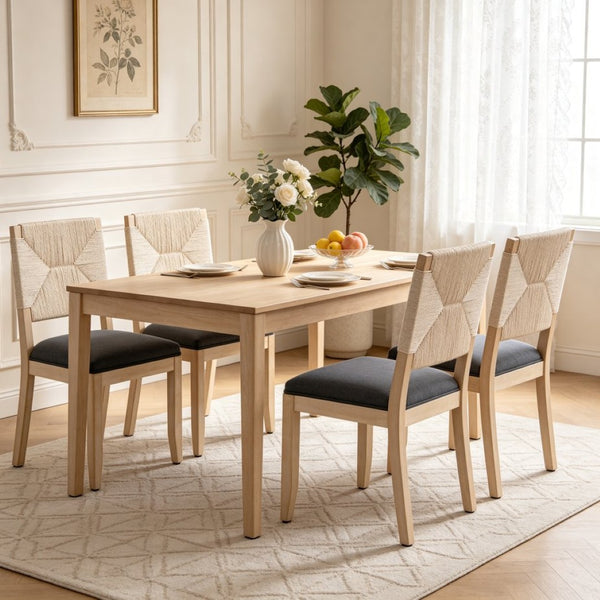 English Elm French Country Solid Wood Dining Chairs Woven Hemp Back Linen Seat Farmhouse Set Grey W3426P516833