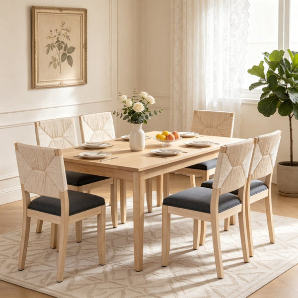 English Elm French Country Solid Wood Dining Chairs Woven Hemp Back Linen Seat Farmhouse Set Grey W3426P516833