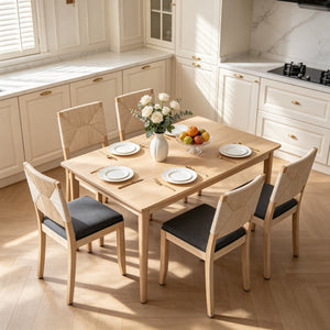 English Elm French Country Solid Wood Dining Chairs Woven Hemp Back Linen Seat Farmhouse Set Grey W3426P516833