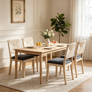 English Elm French Country Solid Wood Dining Chairs Woven Hemp Back Linen Seat Farmhouse Set Grey W3426P516833