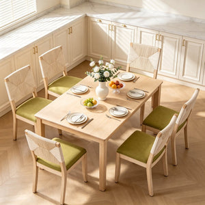 English Elm French Country Solid Wood Dining Chairs Woven Hemp Back Linen Seat Farmhouse Set Olive Green W3426P516835