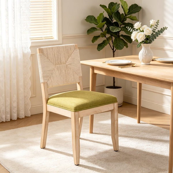 English Elm French Country Solid Wood Dining Chairs Woven Hemp Back Linen Seat Farmhouse Set Olive Green W3426P516835