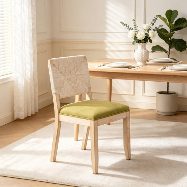 English Elm French Country Solid Wood Dining Chairs Woven Hemp Back Linen Seat Farmhouse Set Olive Green W3426P516835