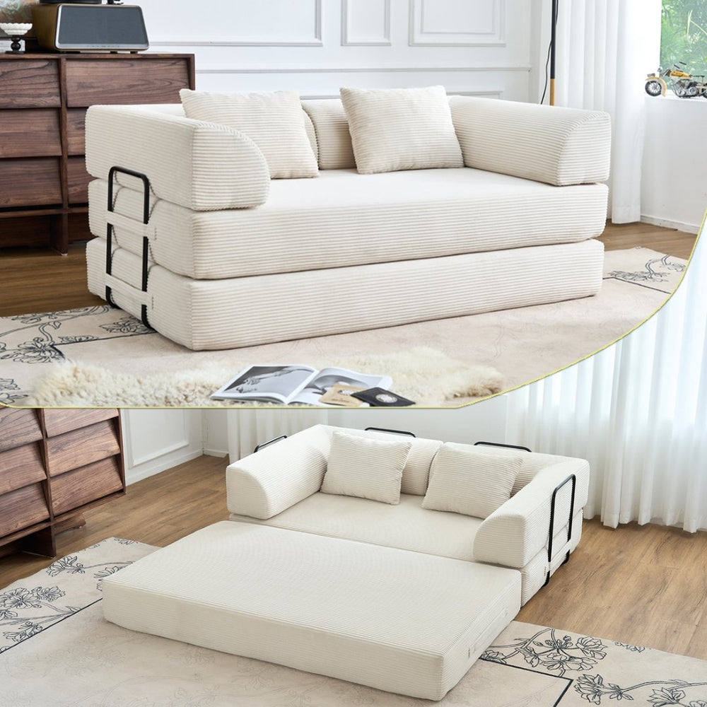 English Elm Convertible Floor Sofa Bed with Corduroy Upholstery High Density Foam Studio Sleeper Beige White W3434P509778