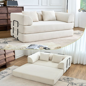 English Elm Convertible Floor Sofa Bed with Corduroy Upholstery High Density Foam Studio Sleeper Beige White W3434P509778