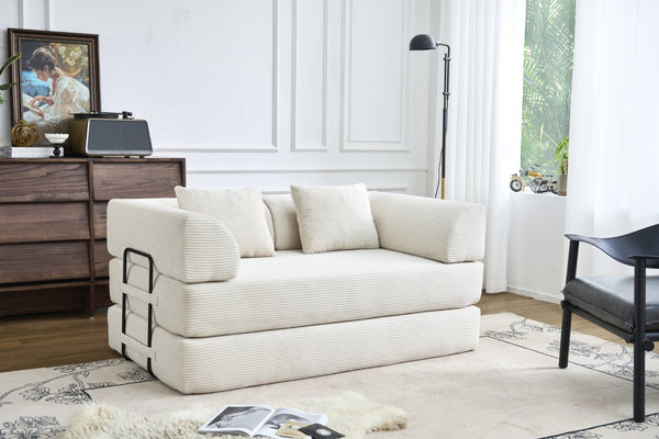 English Elm Convertible Floor Sofa Bed with Corduroy Upholstery High Density Foam Studio Sleeper Beige White W3434P509778