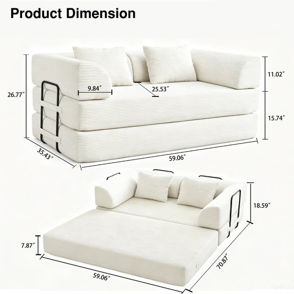 English Elm Convertible Floor Sofa Bed with Corduroy Upholstery High Density Foam Studio Sleeper Beige White W3434P509778