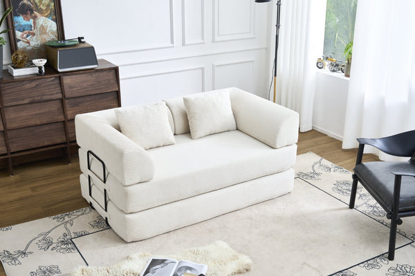 English Elm Convertible Floor Sofa Bed with Corduroy Upholstery High Density Foam Studio Sleeper Beige White W3434P509778