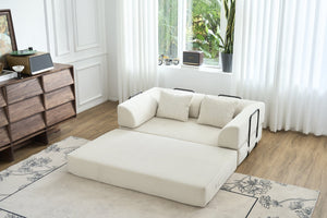 English Elm Convertible Floor Sofa Bed with Corduroy Upholstery High Density Foam Studio Sleeper Beige White W3434P509778