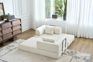 English Elm Convertible Floor Sofa Bed with Corduroy Upholstery High Density Foam Studio Sleeper Beige White W3434P509778