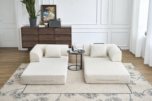 English Elm Convertible Floor Sofa Bed with Corduroy Upholstery High Density Foam Studio Sleeper Beige White W3434P509778