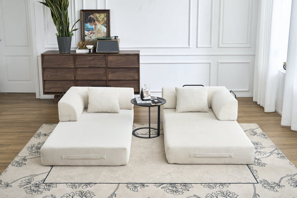 English Elm Convertible Floor Sofa Bed with Corduroy Upholstery High Density Foam Studio Sleeper Beige White W3434P509778