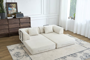 English Elm Convertible Floor Sofa Bed with Corduroy Upholstery High Density Foam Studio Sleeper Beige White W3434P509778