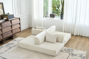 English Elm Convertible Floor Sofa Bed with Corduroy Upholstery High Density Foam Studio Sleeper Beige White W3434P509778