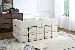 English Elm Convertible Floor Sofa Bed with Corduroy Upholstery High Density Foam Studio Sleeper Beige White W3434P509778